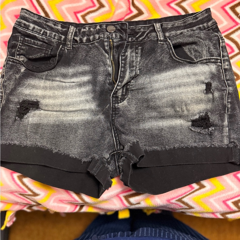 Distressed Black Denim Shorts